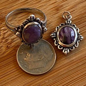 Vintage Charoite Ring & Pendant Set Sterling Silver 925 Signed Makers Mark "M"